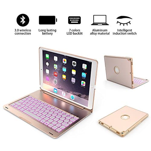 iPad pro 10.5 Bluetooth keyboard case, Wireless Bluetooth Keyboard Cover for gold iPad pro 10.5 inch(A1701/A1709), Fit Protective Hard Shell Case 7 Colors LED Backlit, thin / light / portable (Golden)