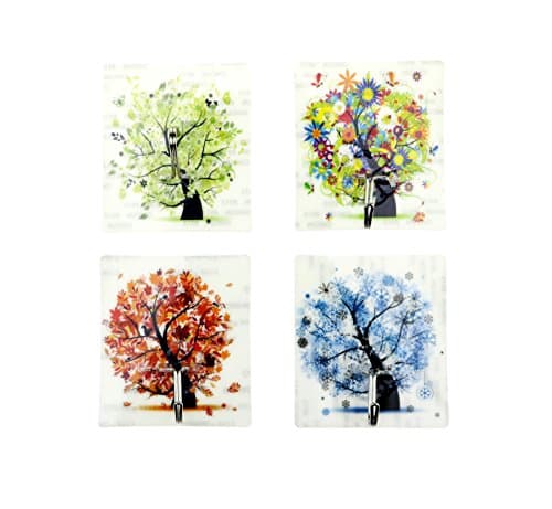 SINDBIN Strong Viscose Hook, Four Seasons Trees Wall Hook Hanger Hats Bag Key Adhesive Plastic Hook Coat Wall Hooks(Set of 4)