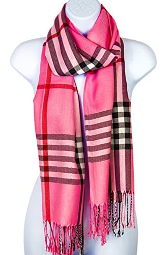 Pashmina Silk Scarf Plaid Checker Pattern Long Soft Shawl Wrap Cape (Pink)