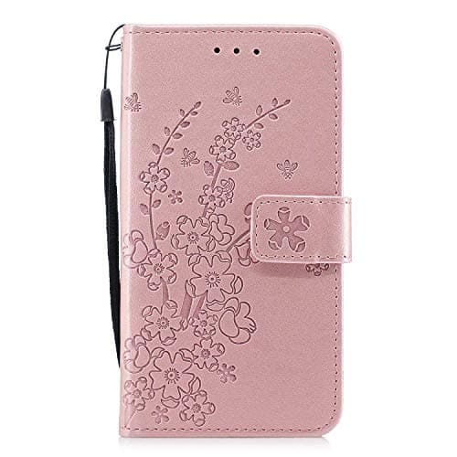 DENDICO iPhone X/iPhone XS Case, Slim Leather Wallet Case Flip Magnetic Cover for Apple iPhone X/iPhone XS, Shockproof Bumper Case with Flower Embossed - Gold Rose