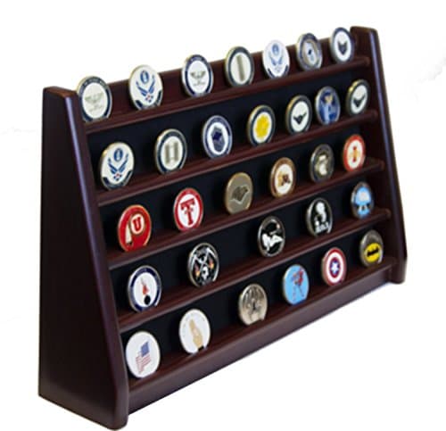5 Rows Shelf Challenge Coin Holder Display Casino Chips Holder Solid Wood - Cherry Finish