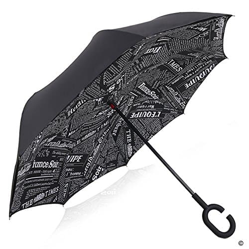 Double Layer Inverted Windproof Umbrella Car Reverse Folding UV Protection Umbrella by Yeipis(Black &amp; Black Newspaper)