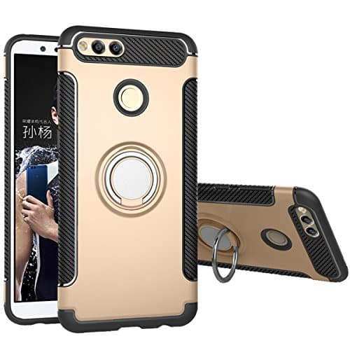 Coolke Dual Layer Shockproof TPU Silicone + PC Hard Back shell 360 Rotating Ring Grip Holder Kickstand with Back Magnetic Circle Protective Case Cover for Huawei honor 7x - Golden