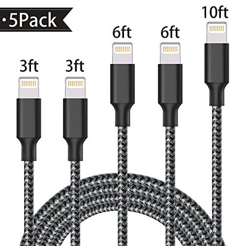 Lightning Cable,Charger Cables 5Pack 2x3FT 2x6FT 10FT to USB Syncing and Charging Cable Data Nylon Braided Cord Charger for iPhone X/8Plus/8/7/7Plus/6/6Plus/6s/6s Plus/5/5s/5c and more-Balckwhite