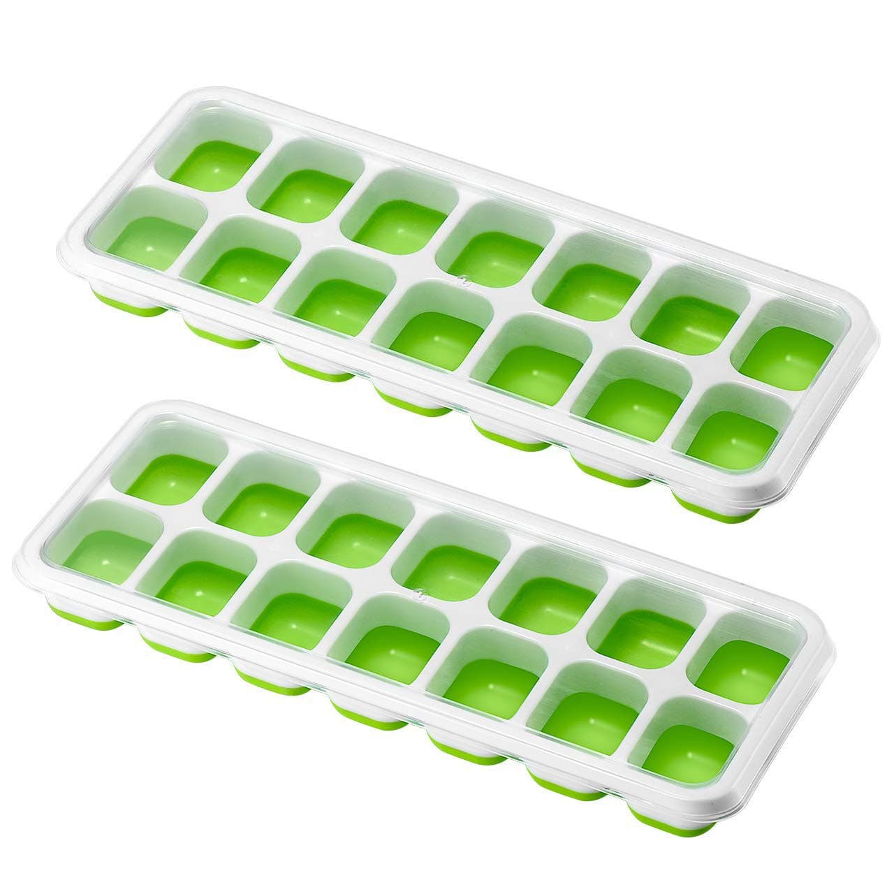 TOPELEK Ice Cube Trays 2 Pack, Easy-Release Silicone and Flexible 14-Ice Trays with Spill-Resistant Removable Lid, LFGB Certified and BPA Free, Stackable Durable and Dishwasher Safe (Green)