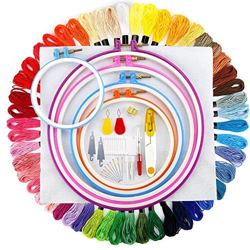 YTH Full Range of Embroidery Starter Kit Cross Stitch Tool Kit Including 5 Pieces Plastic Embroidery Hoop, 50 Color Threads, 12 by 18 Inch 14 Count Classic Reserve Aida and Needles Set