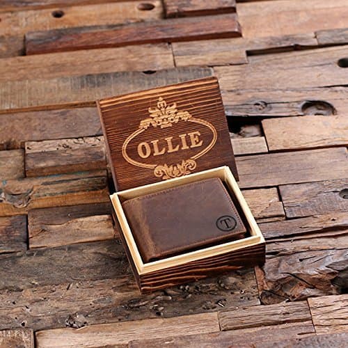 Personalized Rustic Brown Leather Bifold Mens Wallet with Coin Compartment and Optional Wooden Gift Box