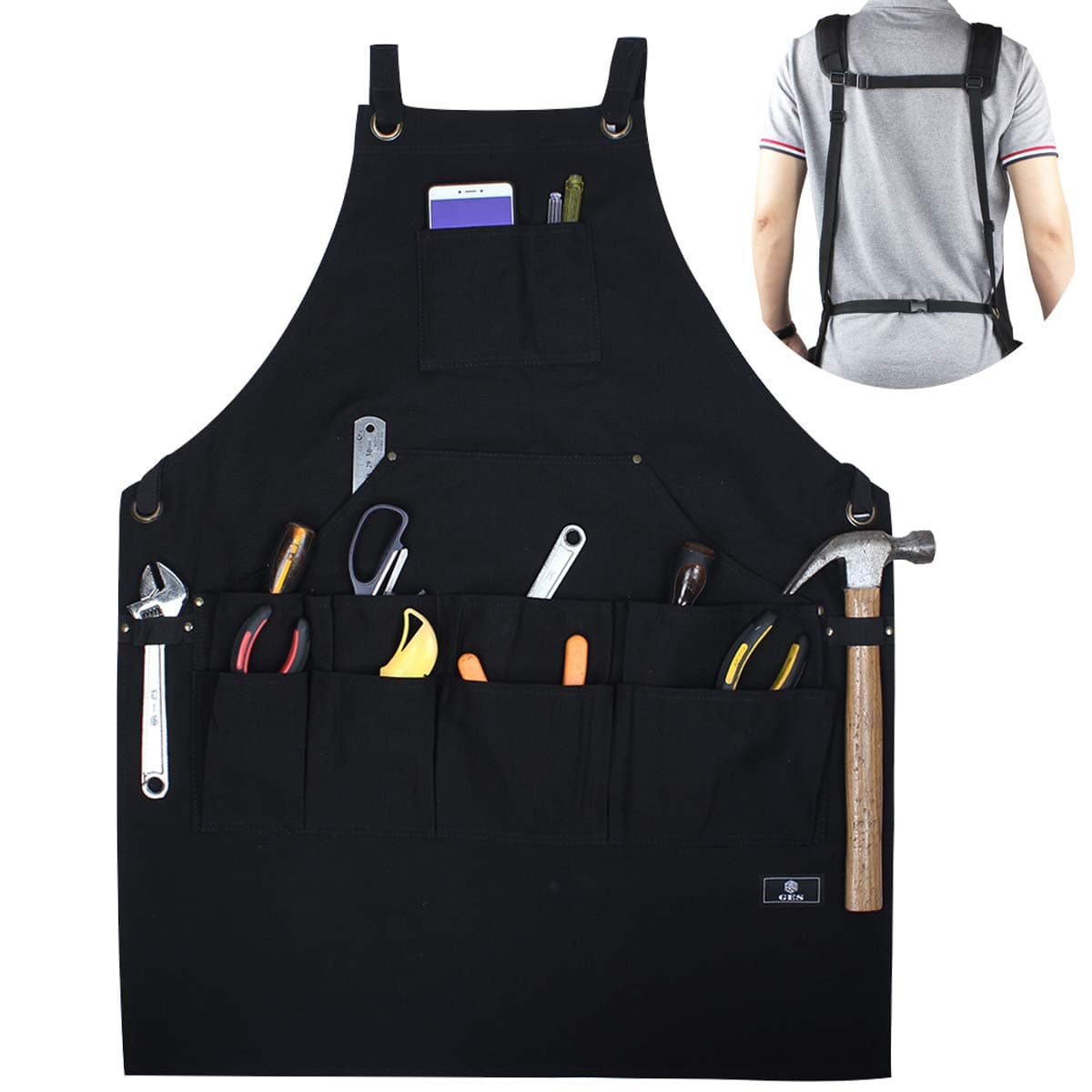 Work Apron With Tool Pockets, Upgraded Heavy Duty Canvas Tool Apron Workshop Apron With Quick Release Buckle Adjustable M To XXL (Black)