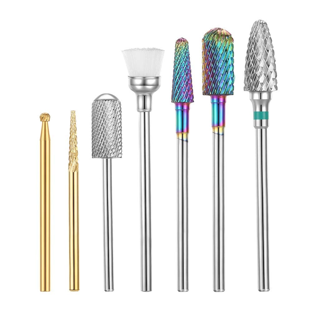 Tungsten Carbide Nail Drill Bits Set for Acrylic Nails, 7 Pcs Nail File Drill Bit Manicure Pedicure 3/32”, Colorful Nail Grinding Head Remove Acrylic Nail Polish Dipping Powder Extension Gel