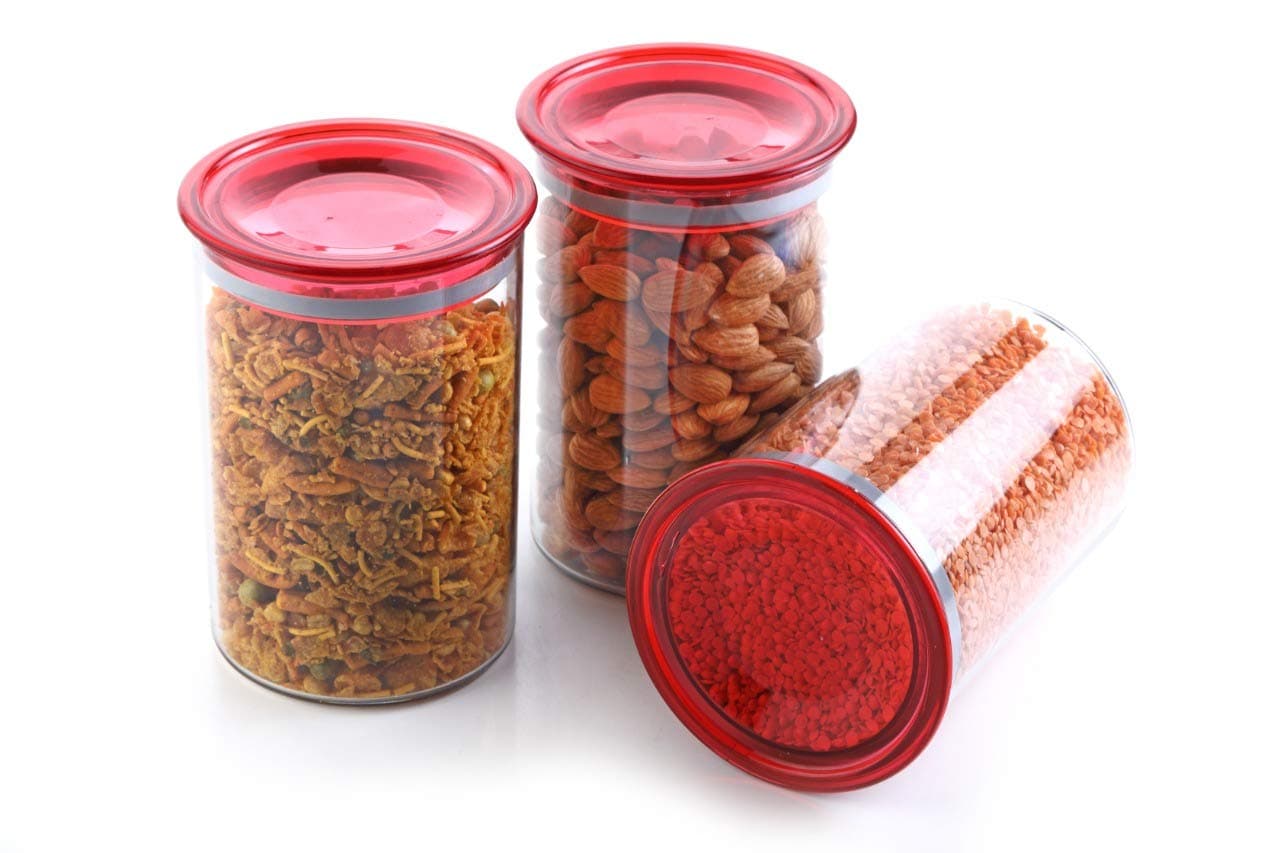 Slings Plastic Air Tight Storage Box Kitchen Container Jar, 900Ml Food Rice Pasta Pulses Container, Red (Set of 3)