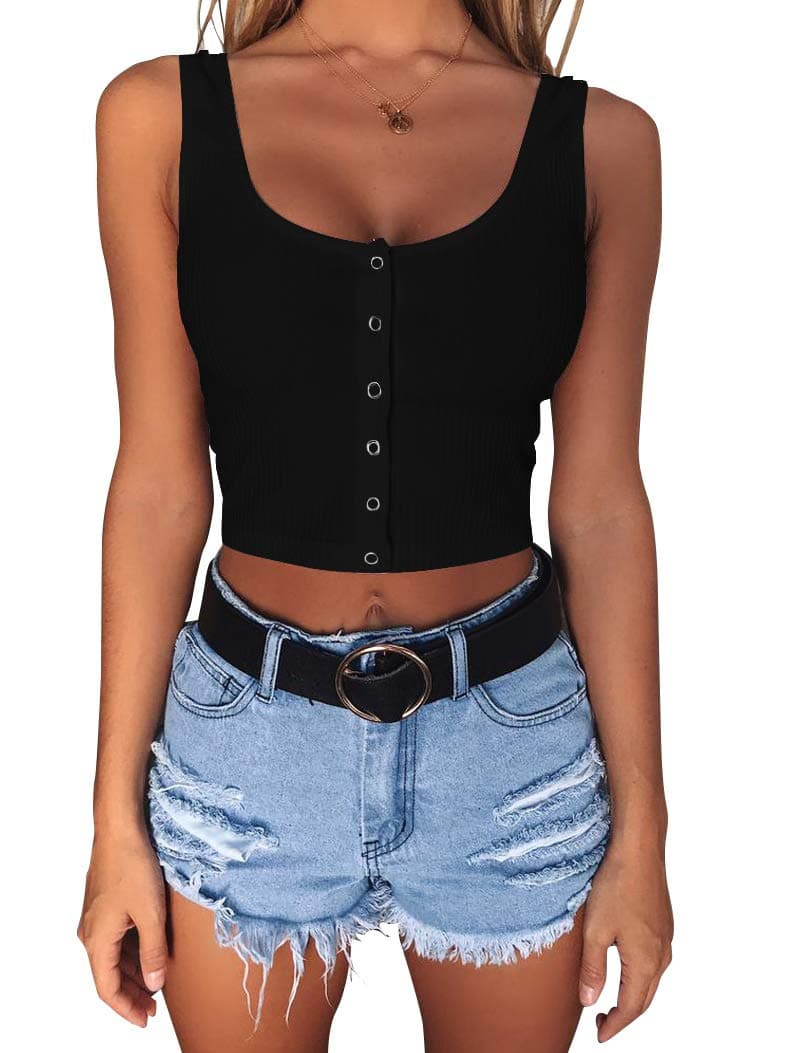 Women's Casual Sleeveless Button-Down Shirts Basic Camisole Crop Tank Tops