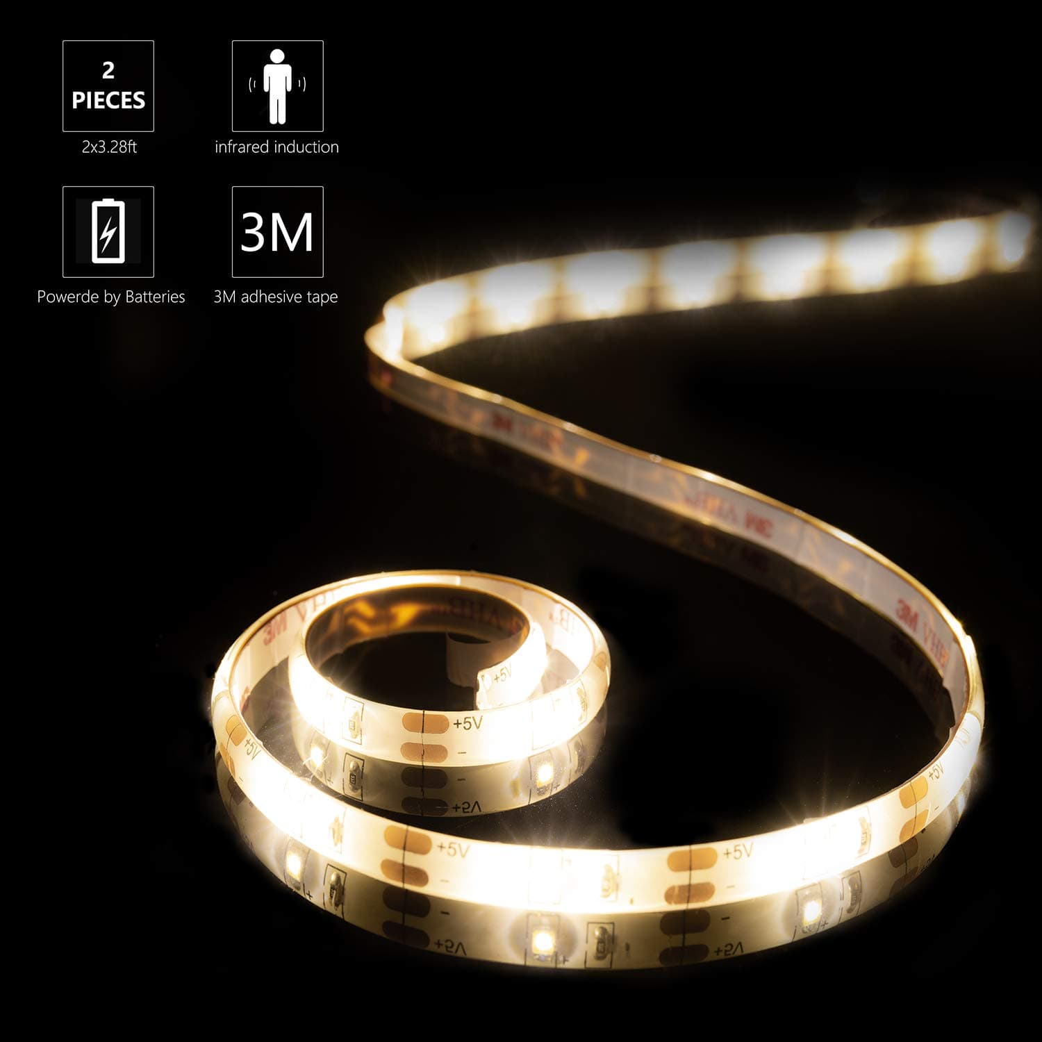 YOUKOYI Warm White LED Strip Lights with Motion Sensor, Flexibly Move Waterproof Led Tape Lights, Battery Powered Wardrobe Light for Cabinet, Stairs, Drawer, Wardrobe Shelf, Kitchen(2 Pcs)(3M Tape)