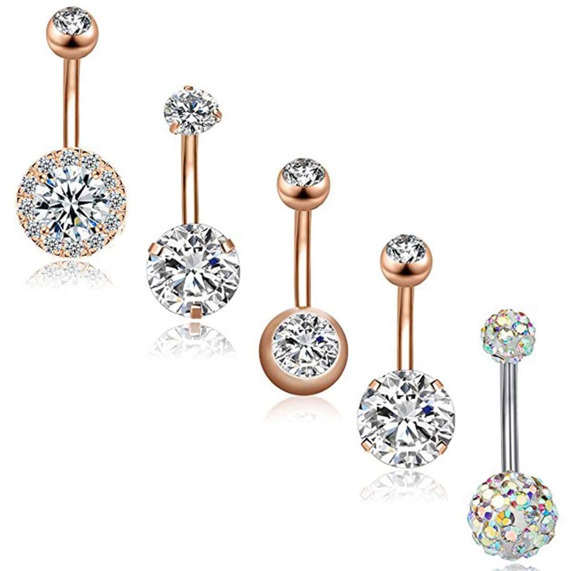 Kingus Belly Bars Set Belly Button Ring Belly Piercing Cubic Zirconia Ball Navel Rings Belly Bar Rings Body Piercing Jewelry Set, Rose Gold