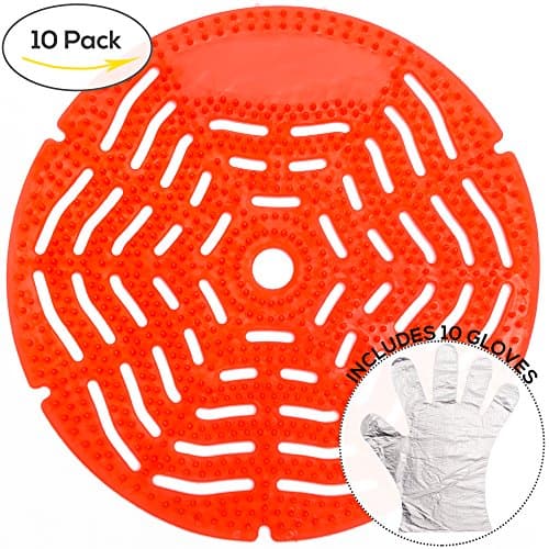 Industrial Grade Urinal Screen and Deodorizer, 10 pack, Anti-Splash & Anti-Bacterial Design – Fits Most Top Urinal Brands at Restaurants, Offices, Schools and includes 10 Poly Gloves (Cherry Scent).