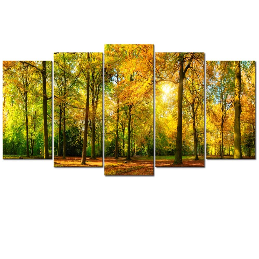 Visual Art Decor 5 Pieces Large Canvas Prints Autumn Sunshine Forest Trees Painting Landscape Picture Wall Art Framed and Stretched Artwork for Home Living Room Guest Bedroom Decoration (01 Fall)