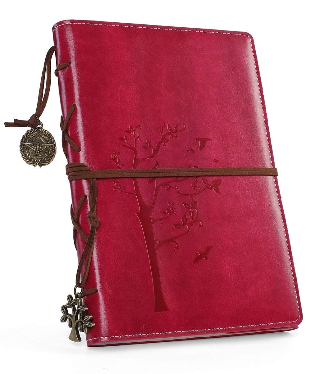 VALERY Vintage PU Leather Journal/Bound Writing Notebook A5 / Refillable Travel Diary with Lined Pages, 96 Sheets and 192 Pages, Acid-Free Paper - Rosy