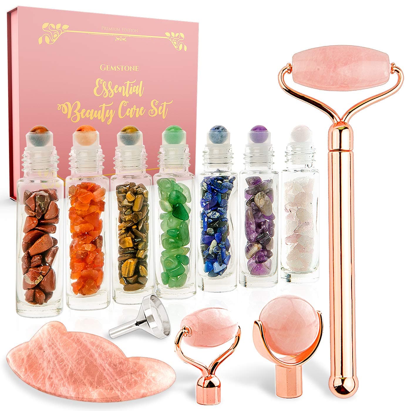 3 Head Rose Quartz Roller for Face + 7 Bottles for Essential Oils with Natural Gemstones Corresponding to Chakras + Gua Sha Tool + Accessories - Best for Skincare Gift Set