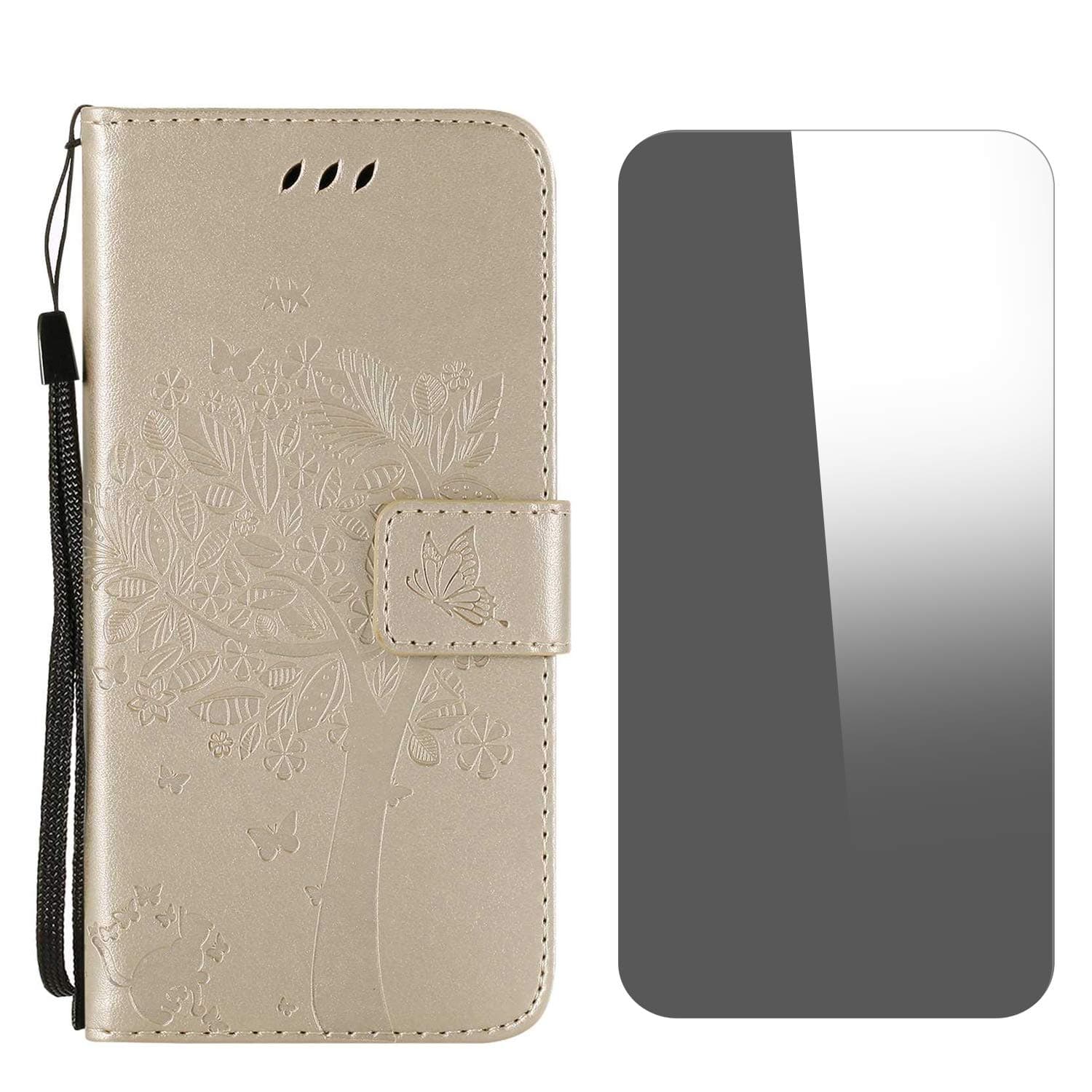 Galaxy J2 Core Case, Conber Shockproof Leather Wallet Flip Case Cover + [Free Tempered Glass Screen Protector], Vintage Emboss Tree and Cat Design Case for Samsung Galaxy J2 Core - Gold