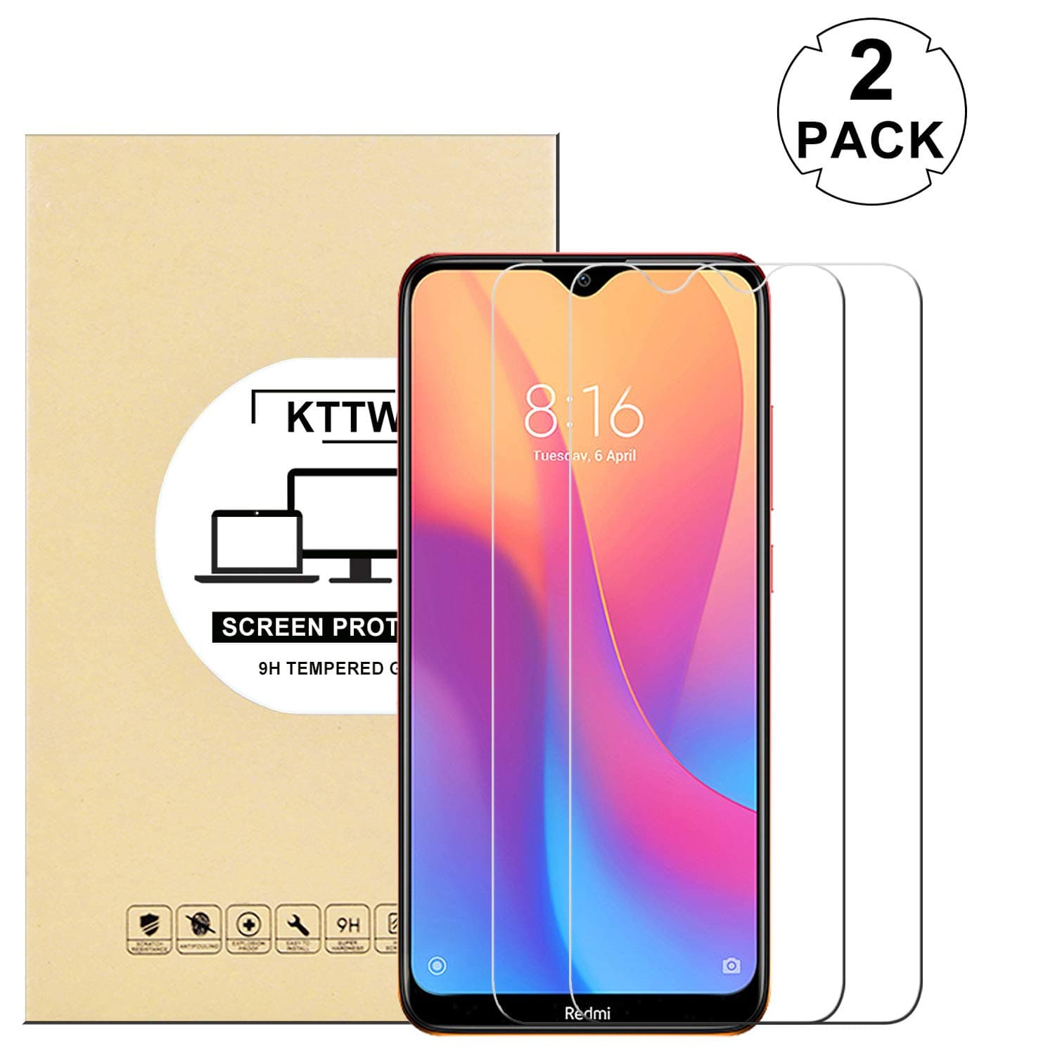 [2 Pack] for Xiaomi Redmi 8A Screen Protector Glass, KTTWO Anti-Scratch Anti-Fingerprint 9H Hardness Tempered Glass Screen Protector for Xiaomi Redmi 8A