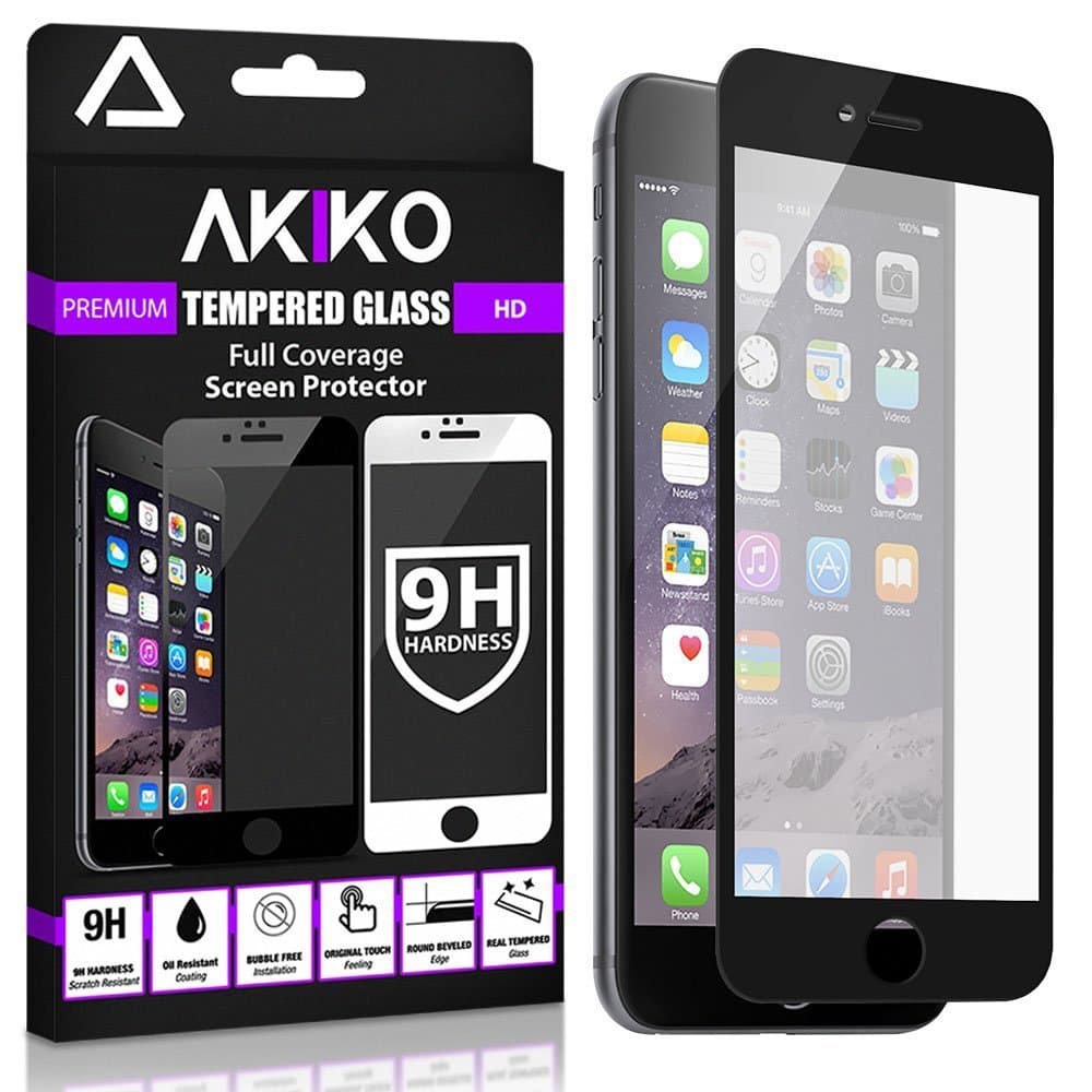 Akiko iPhone 6 6s Plus Black Screen Protector, Akiko New 2.5D Full Screen Tempered Glass Protector [Full Protection Cover w/ Curved Edge] - Retail Packaging