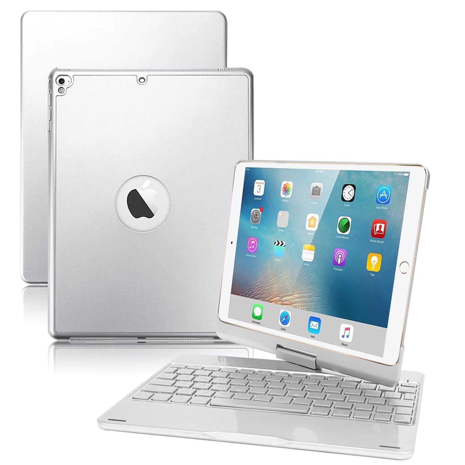 iPad Keyboard Case for New 2018 iPad, 2017 iPad, iPad Pro 9.7, iPad Air 1 and 2,VANKY Wireless Bluetooth 360°Rotatable Aluminum Shell Smart Folio with 7 Colors Backlit (Silver)