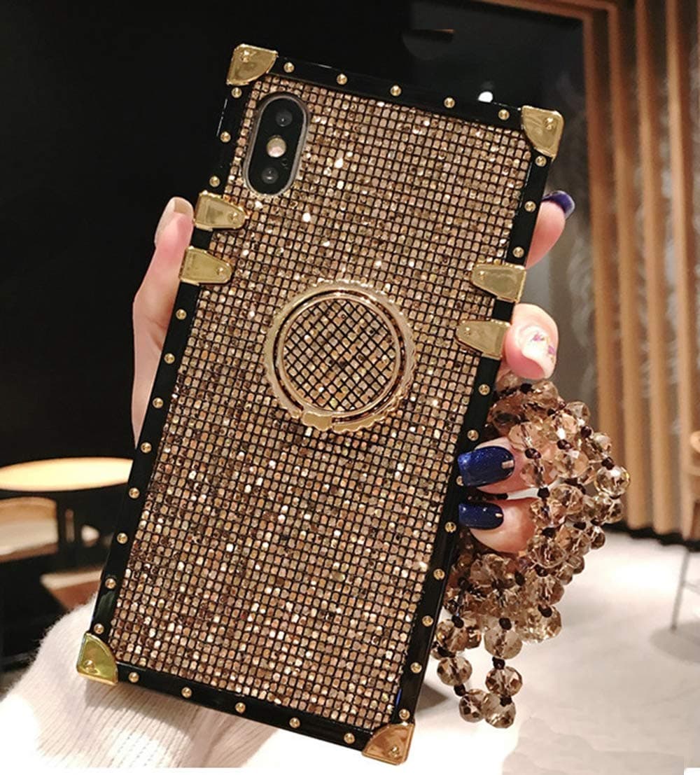KAPADSON for iPhone 7 /iPhone 8 Luxury Bling Glitter Sparkle Cute Gold Square Corner Soft Shock-Absorption Phone Hold Case Cover with Strap - Gold