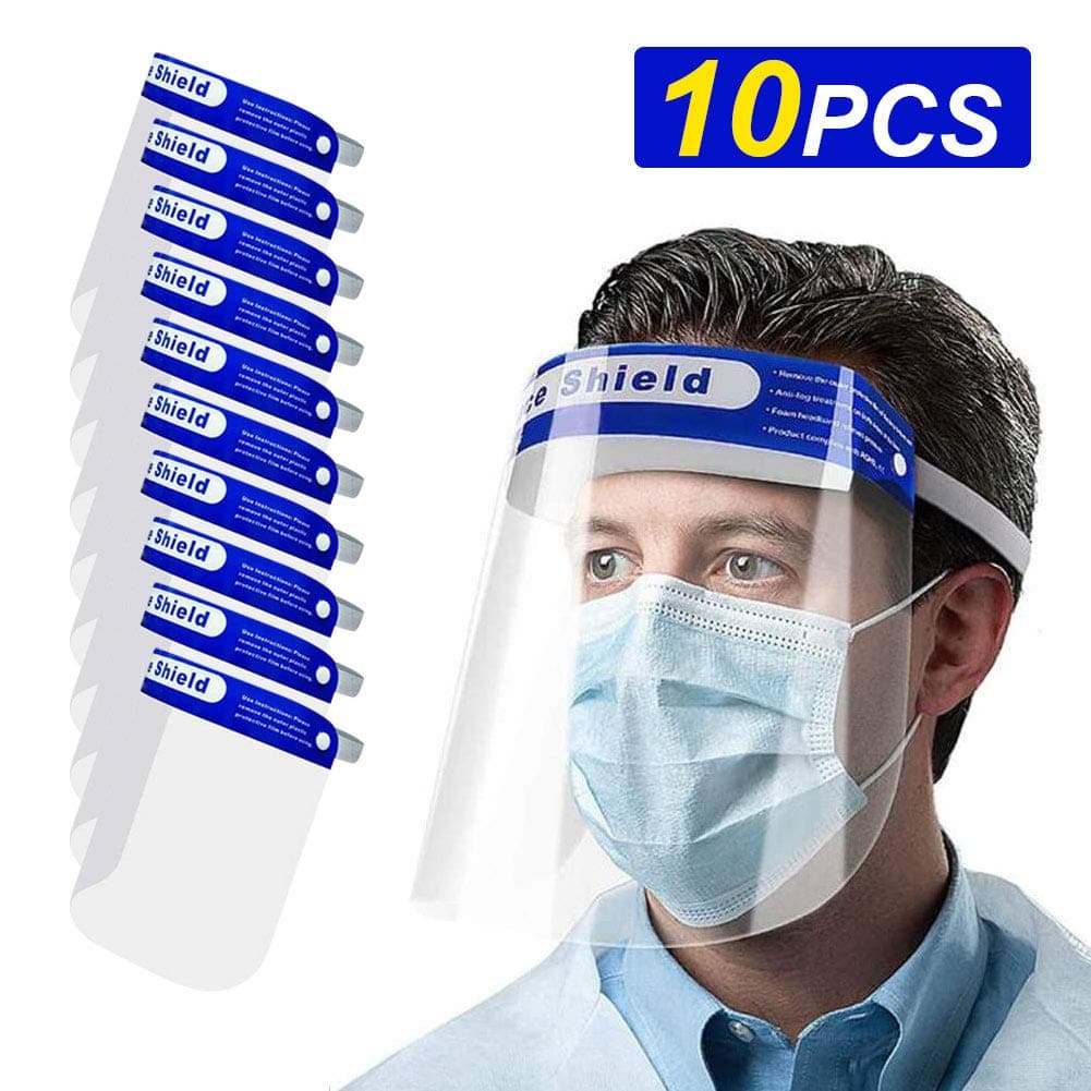 10 Pcs/Pack Full Face Shield Visor Transparent Reusable Anti-Spitting Protective Face Shield Hat Safety Face and Eyes Protection with Adjustable Band and Comfort Sponge Facial Cover
