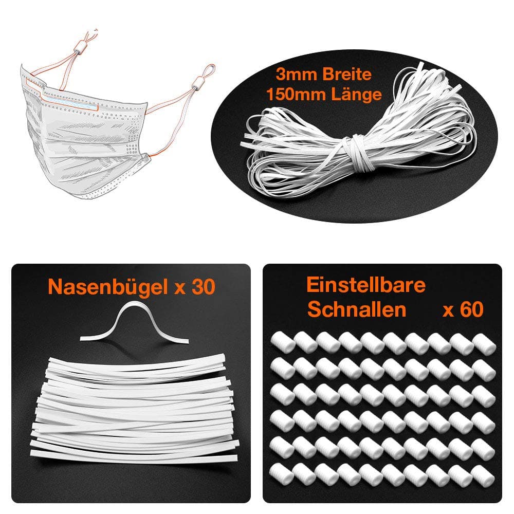 [9-12 Days Delivery] 15-Yards Length 1/8" Width Braided Elastic Cord/Flat Elastic Band Rope Bungee + 60 PCS Adjustable Buckles + 30 PCS Nose Wire Bridges for Sewing and Crafting (White)