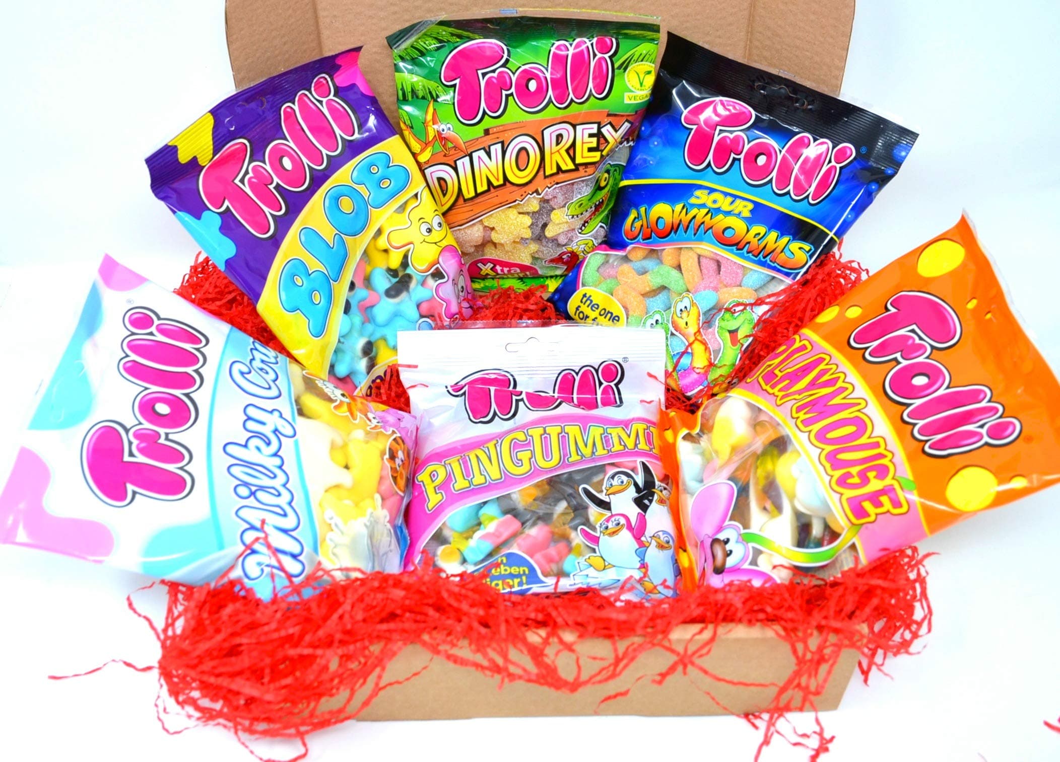 Retro Sweet Selection Gift Box Hamper Trolli Candy Sweets Glow Worms BLOB Playmouse DinoRex Milky Cow Pingummi Variety Packs