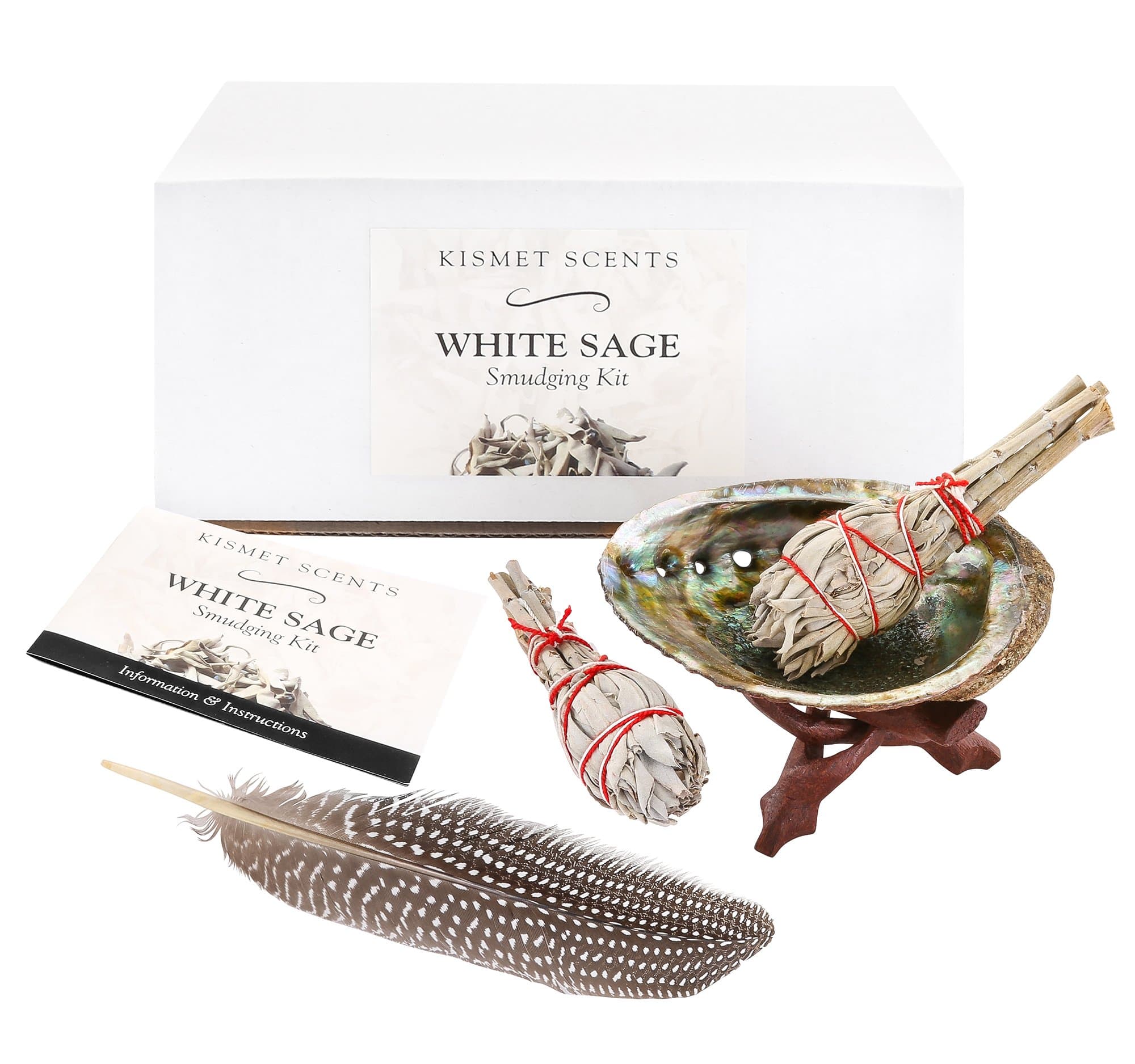 Kismet Scents White Sage Smudging Kit Gift Set - Abalone Shell, White Sage, Stand, Feather and Instructions. Incense for Cleansing, Purifying, Healing, Blessing