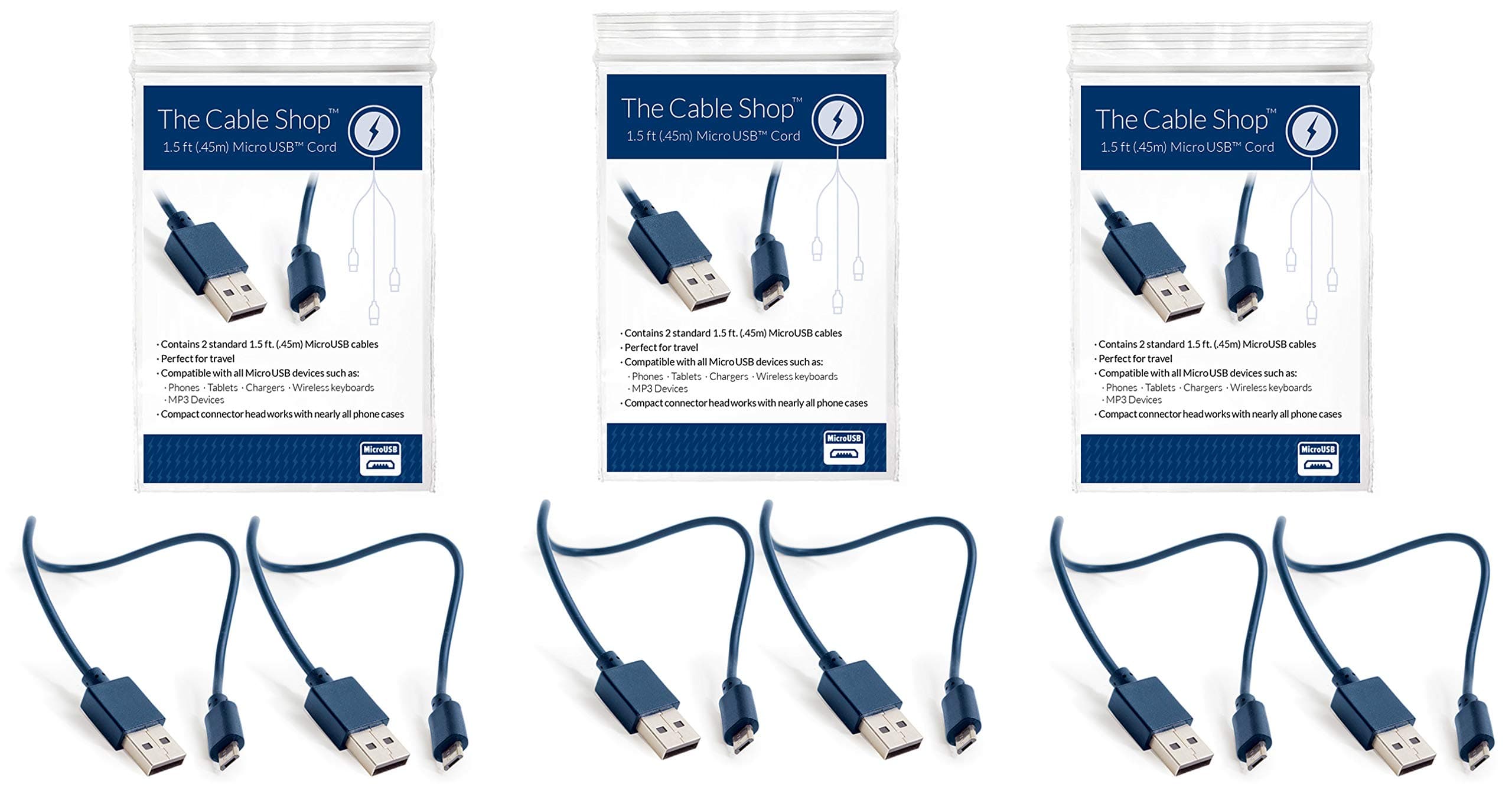 The Cable Shop 1.5 ft (.45m) Micro USB Cord, 6-Pack Set