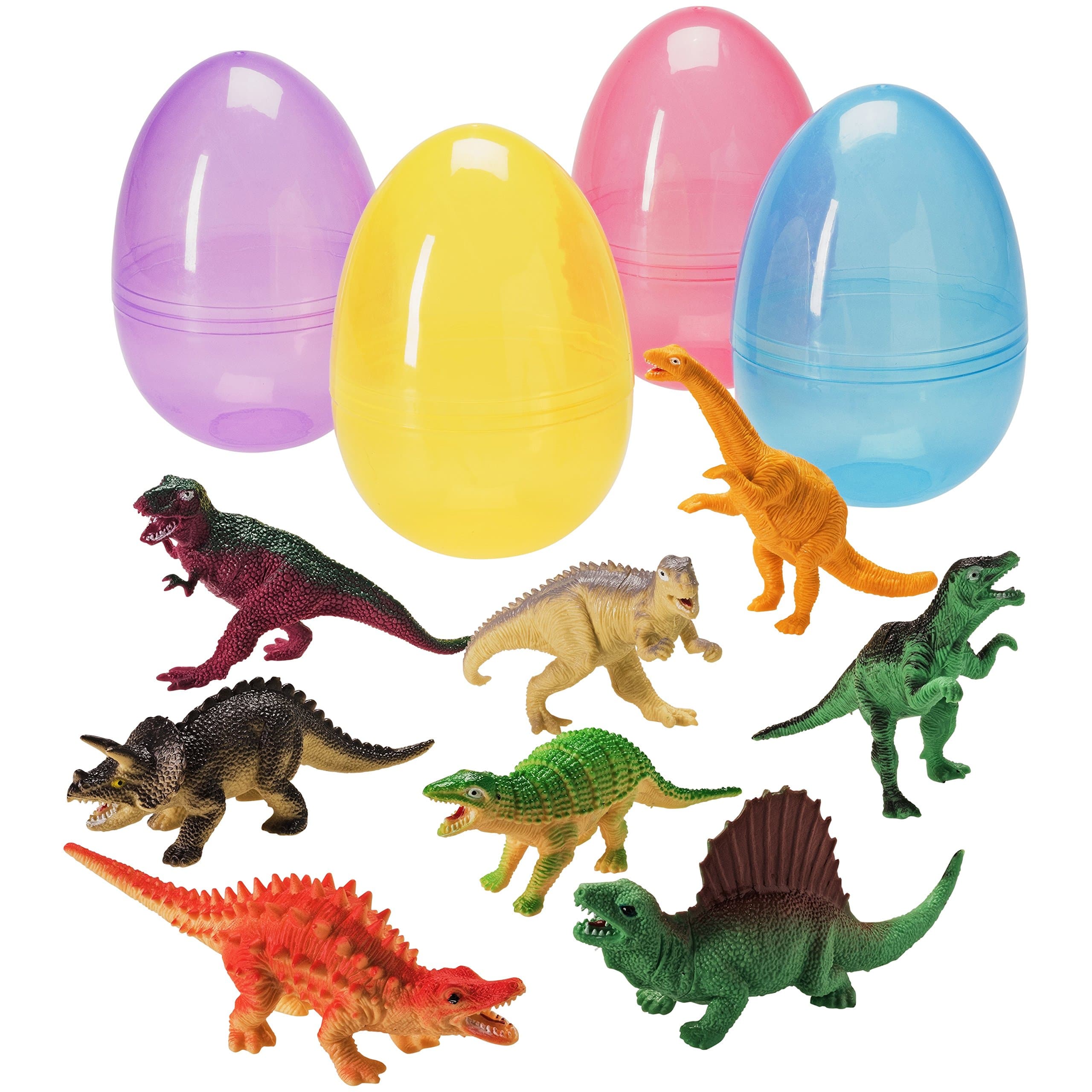 Shrocko 4 Jumbo Large 6" Easter Eggs with 12 Dinosaur Toy Figures - Assorted Color 6 inch Dinosaurs - Party Favors Filled Toys