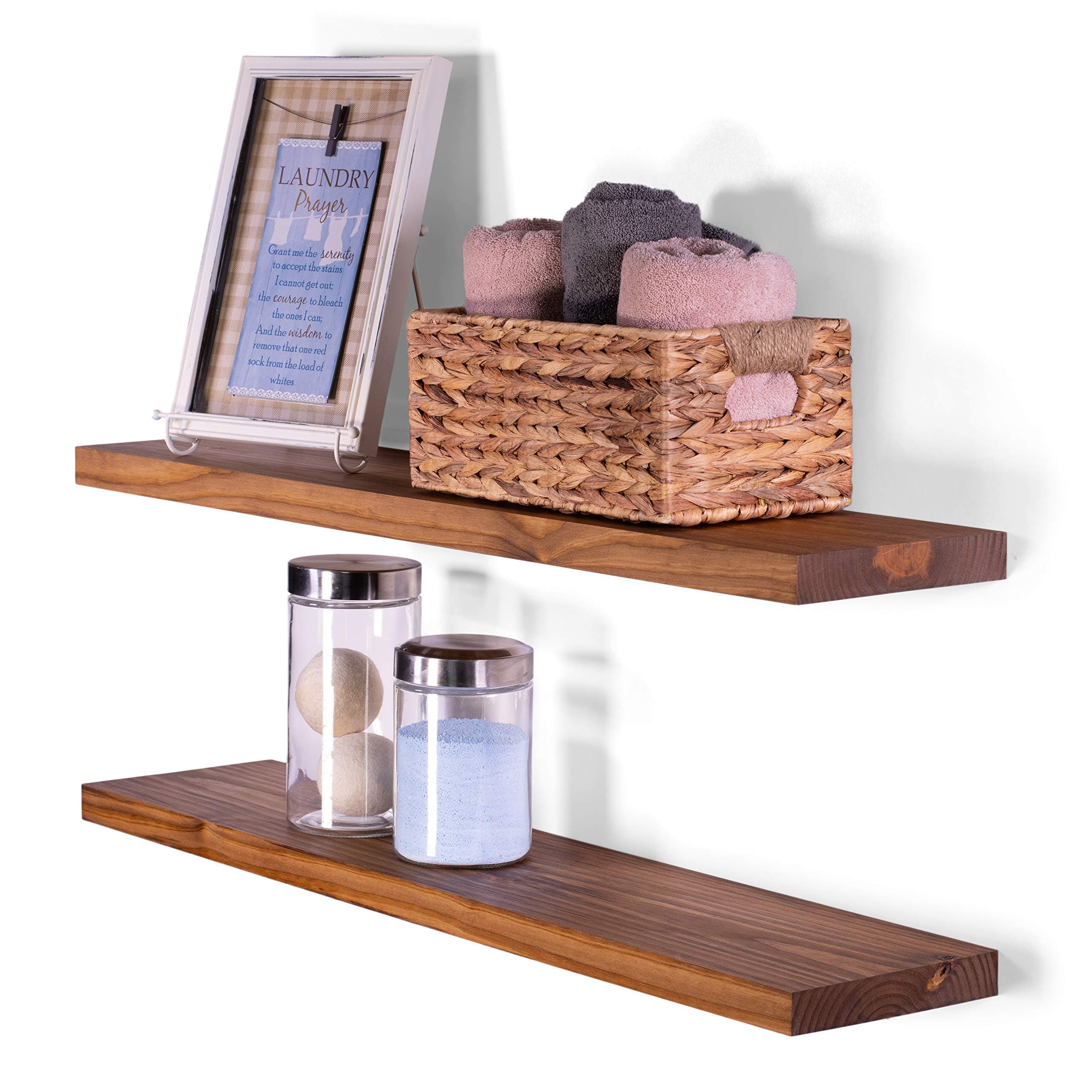 DAKODA LOVE 36" x 8" Clean Edge Solid Wood Floating Shelves | Premium Handmade Quality | Easy Hidden Bracket Wall Mount | Modern Rustic Pine | Set of 2 (Buckskin)