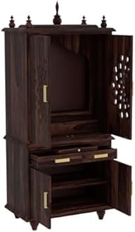 G Fine Furniture 5.8 Feet Long Wooden Temple for Home | Big Pooja Mandir, Puja Ghar with 2 Drawer Storage, 4 Door Cabinet & Dhoop Batti Slider Stand | Solid Wood Sheesham, Walnut Finish