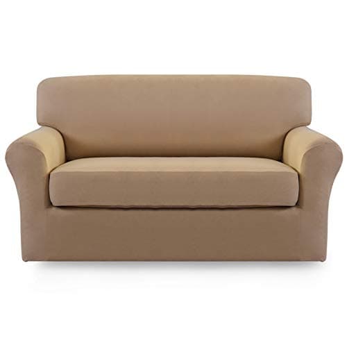 Easy-Going 2 Pieces Microfiber Stretch Sofa Slipcover – Spandex Soft Fitted Sofa Couch Cover, Washable Furniture Protector with Elastic Bottom Kids,Pet （Loveseat，Camel）