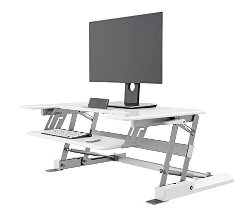 Best Adjustable Standing Desk Riser - Gas Spring Converter to Stand Up or Sit Down, 32" Black 2-Tier Desktop, Dual Computer Monitors Space w/Keyboard Tray (White, CAS-LD02-36" with Tray)