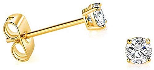 Solid 14k Yellow Gold Solitaire Round Cubic Zirconia CZ Stud Earrings with 14k Gold Butterfly Push Backings
