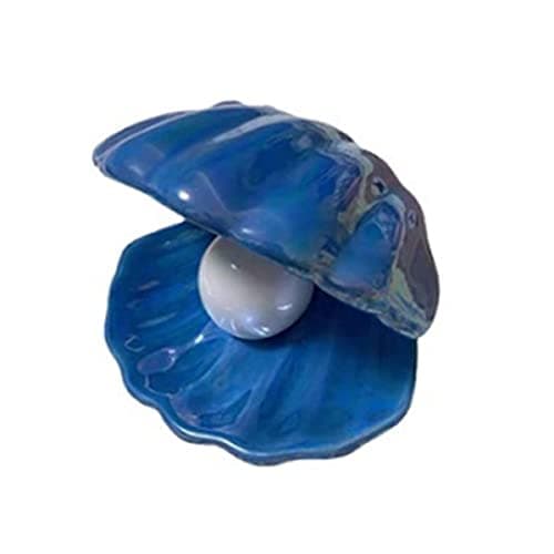 Nicolar Shell Pearl Light LED Lamp Ceramic Night Light Pearl in Shell Desktop Ornament for Bedroom Living Room Decoration (Dark Blue)