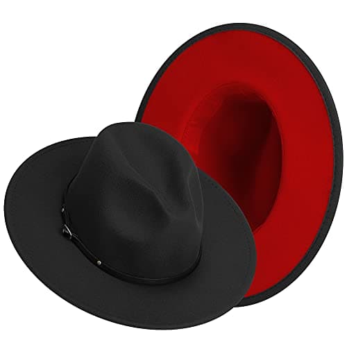 Eric Carl Trend Red Black Patchwork Wool Felt Jazz Fedora Hat Casual Men Women Leather Band Wide Brim Felt Hat