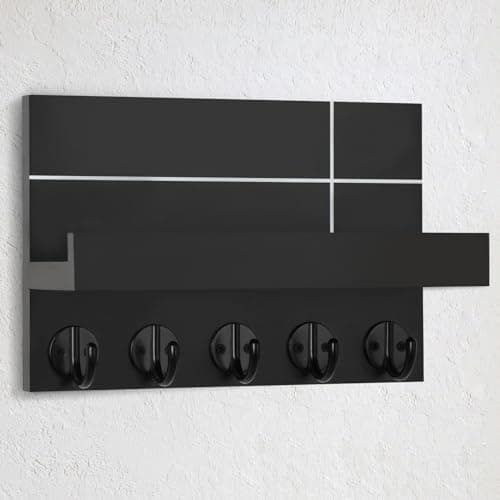 Wall Mounted Key Holder - 9.8" x 6.7" x 4.2" Decorative Wall Shelf with Hooks Holds Key Rings, Dog Leash, Wallet, Purse - Real Paulownia Wood Entryway Shelf for Rustic Farmhouse Decor (Black)