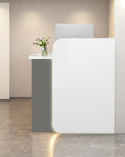 Reception Desk Office Checkout Counter, Modern Front Desk Reception Counter Desk with Lockable Drawer Simple Retail Counter for Retail, Lobby, Beauty Salon Clothing Store(Gray+White,32" Lx18 Wx39 H)