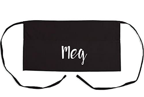 Monogrammed Personalized Name Half Waist 3 Pocket Thin Fabric Black Apron perfect for Teachers, waitstaff, crafters, groomers and more
