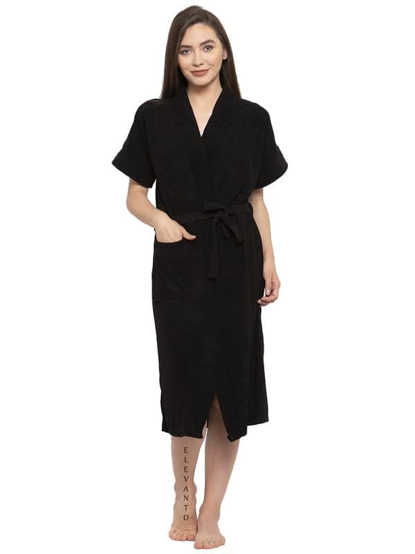 ELEVANTO (BLACK) PREMIUM DRY TECH TERRY MATERIAL HALF SLEEVE WITH FRONT POCKET BATHROBE FOR WOMENS