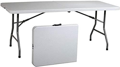 8’ Foot Rectangular Plastic Folding Table (30" x 96” Inch) | Fold in Half with Carrying Handle | Lightweight and Portable | White Resin with Sturdy Steel Frame