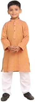 Baba & Baby boys traditional ethnic wear handloom cotton plain gold wooden colour kurta pajama set (Gold Wooden, 6-12 Months)