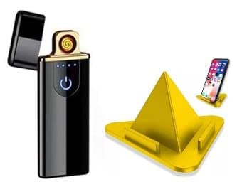 MAX USB DEL-08 Touch Lighter for Smoking Rechargeable Windproof Slim Coil Lighter with Smart Fingerprint Sensor Double Side Ignition Lighter Stylish Black & Mobile Holder Stand Piramid.