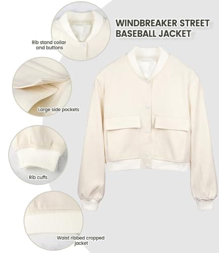 Modegal Women's Spring Varsity Bomber Jackets Long Sleeve Cropped Button Down Casual Coat with Pockets Outwear