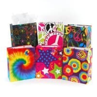 Bright Multi-Color Peace and Tie Dye Medium Gift Bags (Qty 12-2 Each of 6 Different Designs)