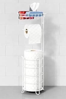 White Toilet Paper Holder Stand with Shelf, Free Standing Bathroom Tissue Holder for Large Mega Rolls, Metal Floor Toilet Paper Roll Holder with Wipes Storage and Phone Tray (White)