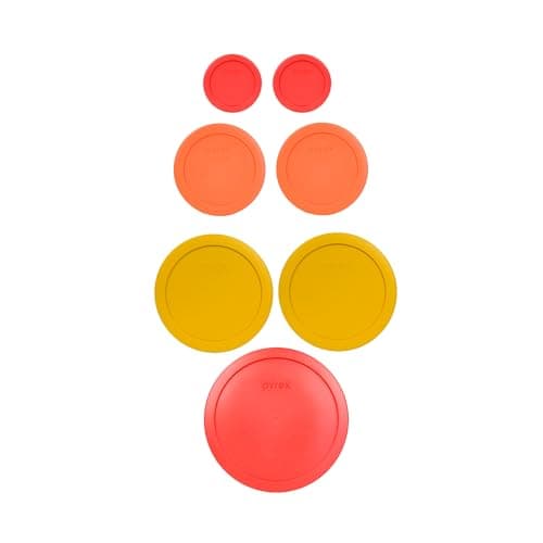 Pyrex (1) 7402-PC 6/7 Cup Red (2) 7201-PC 4 Cup Cobalt Blue (2) 7200-PC 2 Cup Orange (2) 7202-PC 1 Cup Green Food Storage Lids - 7 Pack